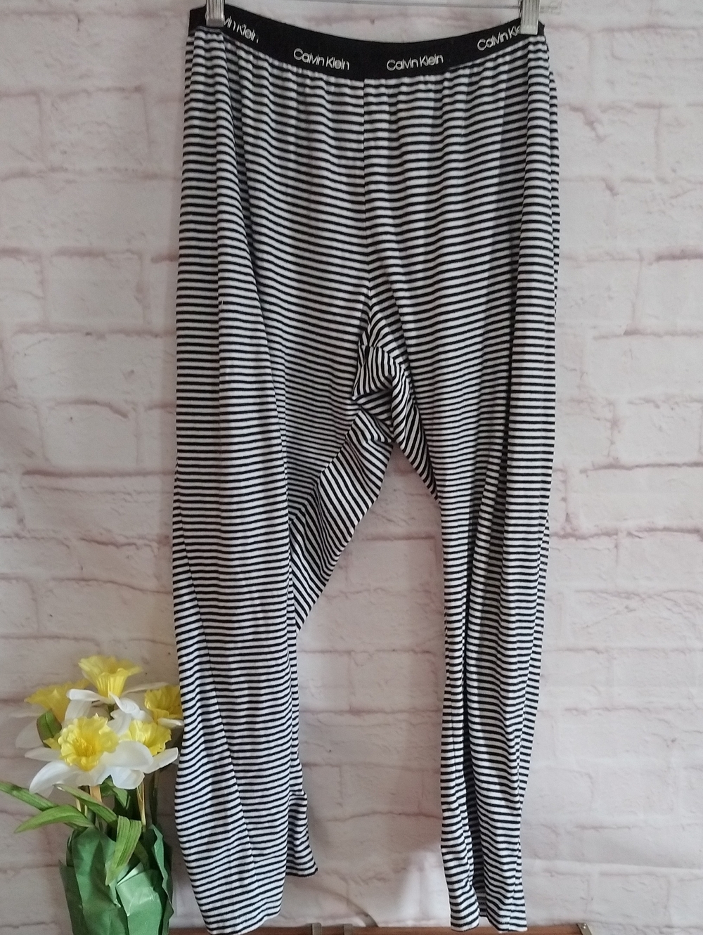 Calvin Klein Women's Black & White Striped Pajamas Pants with Logo Waistband